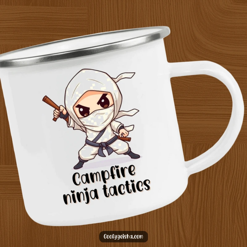Funny Camping Mug: Chibified character striking a dramatic ninja pose with a silly grin, ideal for outdoor fun.