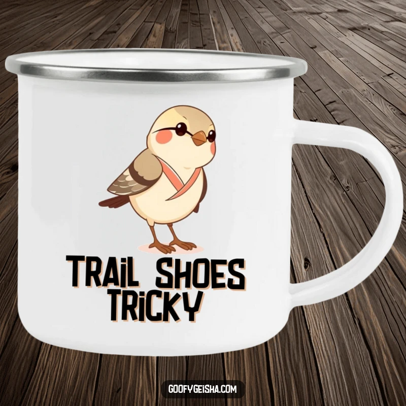 Funny camping mug featuring a curious sparrow in a dainty kimono attempting to wear geta sandals, for active bird lovers.