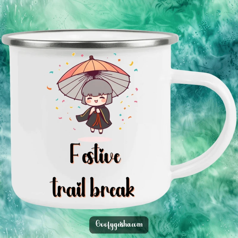 Funny camping mug showing a Japanese umbrella character spinning and releasing confetti, adding fun to outdoor trips.