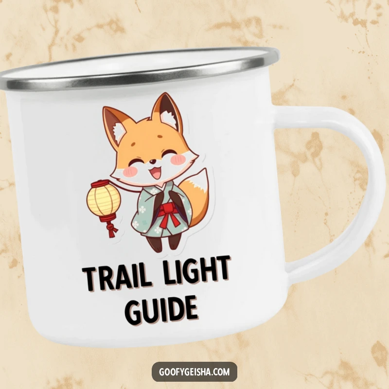 Funny Yukata Fox Camping Mug: Sturdy enamel mug with a cute anime fox in a yukata holding a paper lantern, perfect for outdoor adventures and hot drinks.