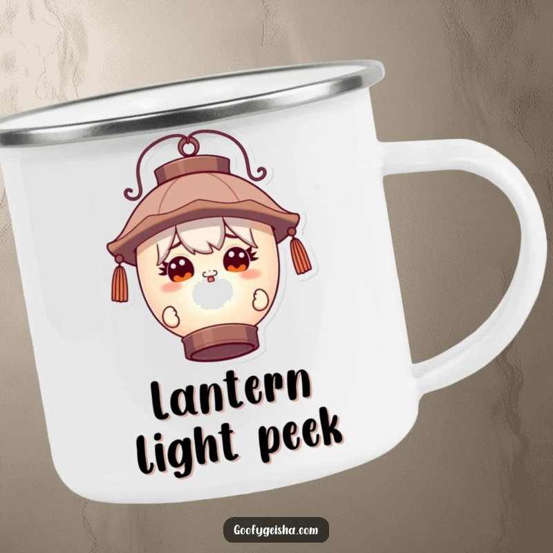 Funny camping mug with a character with wide, curious eyes peeking around a large lantern, perfect for mysterious outdoor adventures.