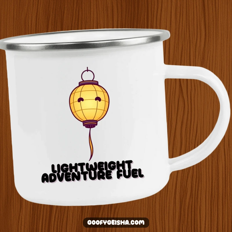 Funny Paper Lantern Camping Mug: Durable mug with a paper lantern character floating upwards, perfect for rustic charm and humor.