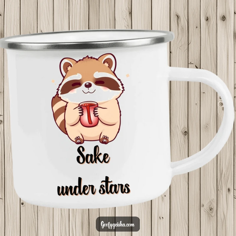 Funny Tanuki sake camping mug featuring a cute winking character with a sake cup, built for durable and cheerful outdoor use.