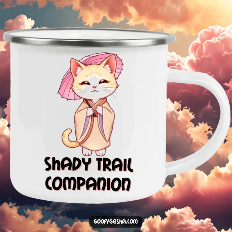 Funny graceful cat wearing a silk kimono, holding a parasol, ready for elegant outdoor excursions on a camping mug.