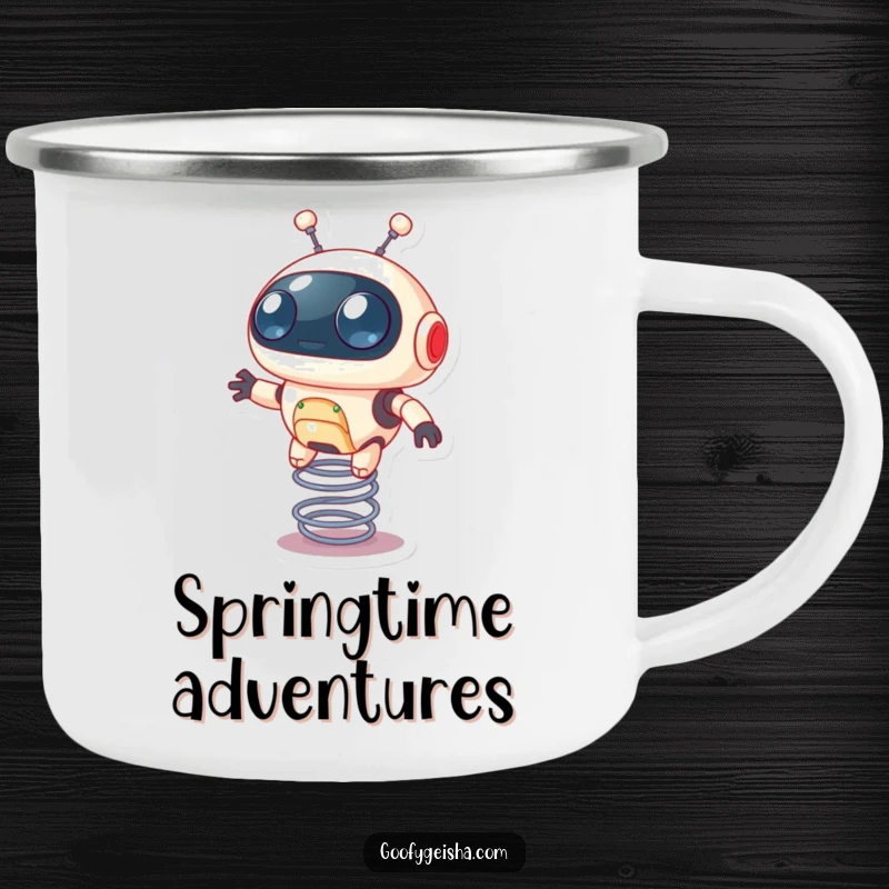 Funny camping mug showing a round robot with wide eyes bouncing on a spring, adding fun to outdoor trips.