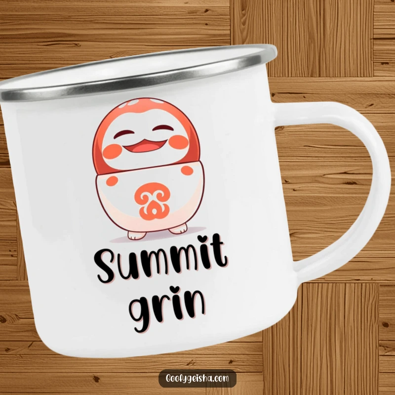 Funny camping mug showing a cute Daruma doll balancing on its head with a grin, bringing fun to trips.