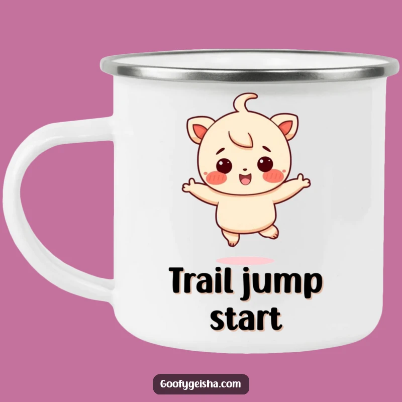 Funny Joyful Jumping Character Camping Mug - Rosy Cheeks Outdoor Cheer Gift