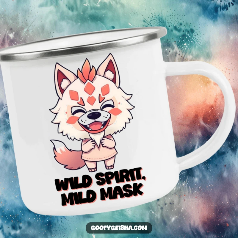 Funny camping mug with a character fearlessly and playfully mimicking a Kitsune mask, perfect for outdoor humor.