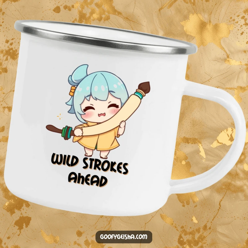 Funny camping mug showcasing a character with a funny facial expression and a giant calligraphy brush, perfect for outdoor creativity.