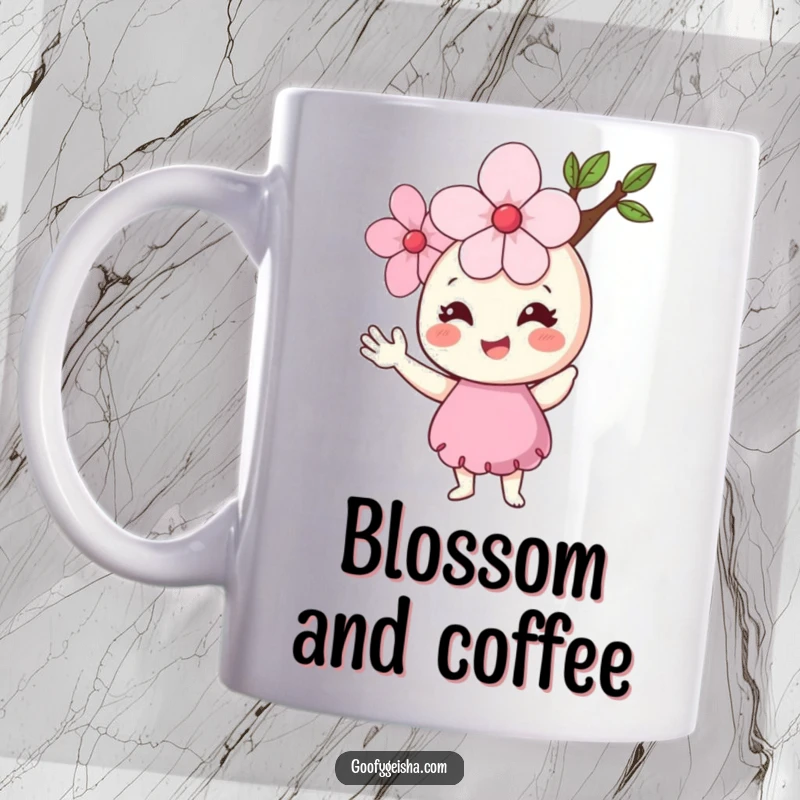 Funny Cherry Blossom Mug featuring a smiling flower character with small arms waving a cheerful hello, embodying joy and positivity.