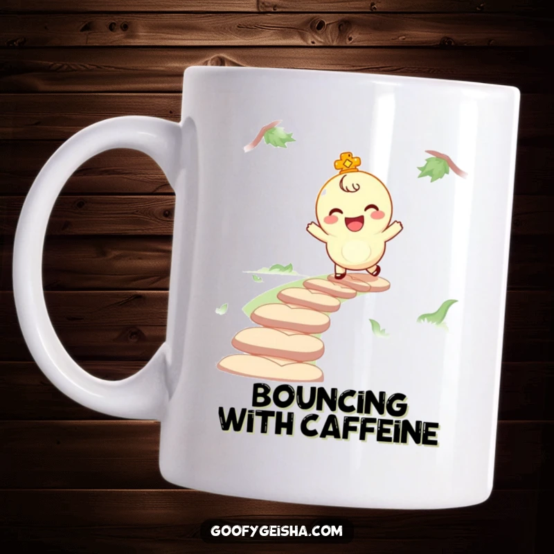Funny mug featuring a giggling lucky charm character happily bouncing along a winding path, conveying joy and lightheartedness.
