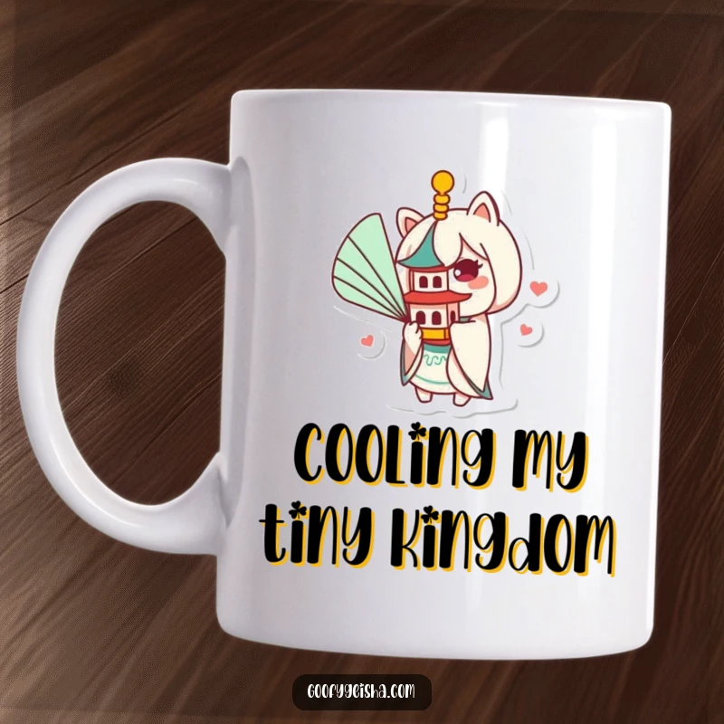Funny Kawaii mug showing a cute character hilariously fanning a miniature pagoda with a comically large fan, expressing playful joy.
