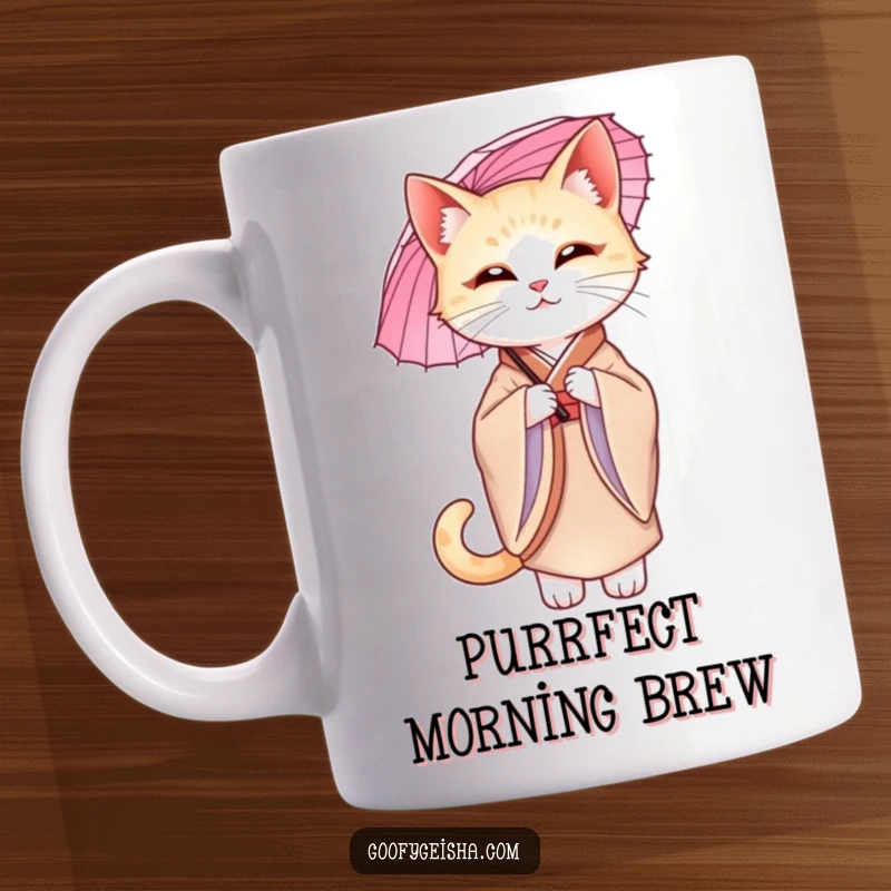 Funny graceful cat in a luxurious silk kimono, elegantly holding a delicate parasol, perfect for a stylish mug.