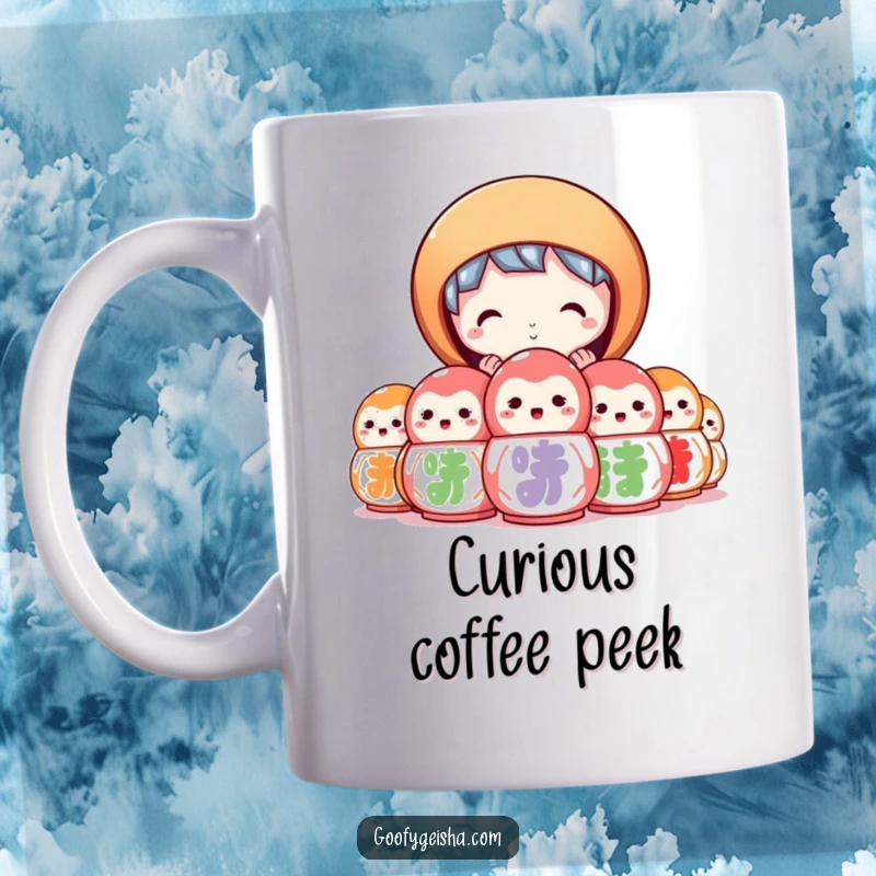 Funny mug with a character peeking curiously from behind a stack of colorful daruma dolls. Mysterious and cute.