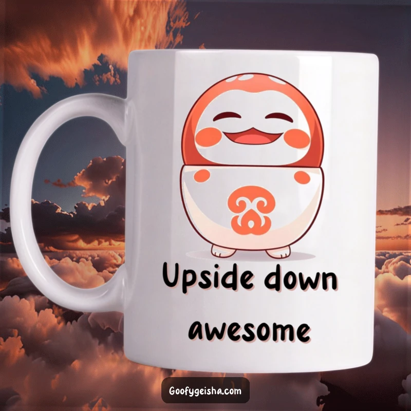Funny mug showing a cute Daruma doll character balancing perfectly on its head with a wide, cheerful grin.