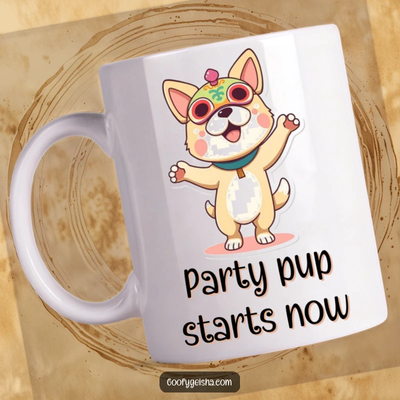 Funny mug showing a happy dog wearing a colorful festival mask, joyfully dancing with abandon.