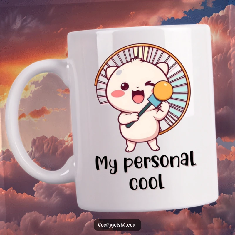 Funny Kawaii mug shows a small, round character excitedly holding a very large fan, ready to cool down.