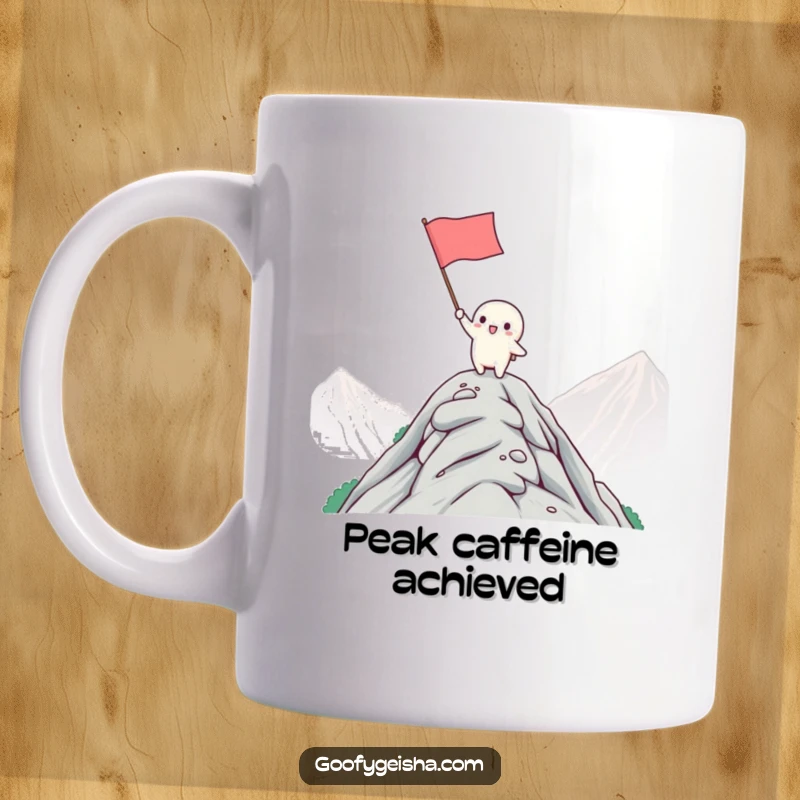 Funny Kawaii Mug: Tiny character victoriously waves flag atop mountain, embodying cheerful determination, perfect for celebrating wins. A humorous gift idea.