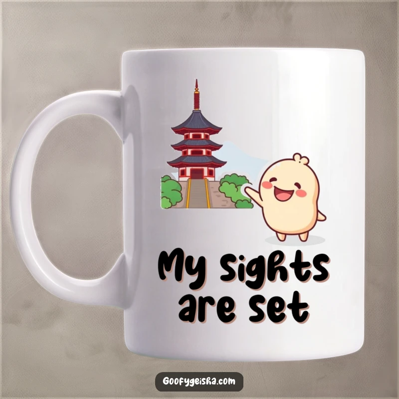 Funny Kawaii Mug: Grinning character excitedly pointing towards a distant pagoda, symbolizing fun adventures and a great gift idea.