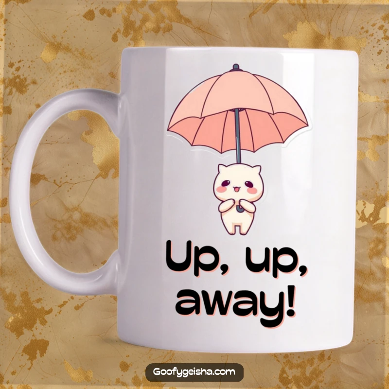 Funny Mug: Cute Kawaii character with an oversized umbrella floating joyfully upwards, embracing adventure.