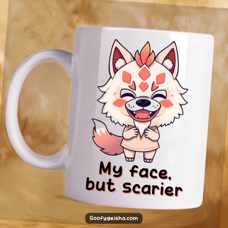 Funny mug showcasing a character fearlessly mimicking a Kitsune mask with a playful, mischievous expression, perfect for lovers of unique humor.