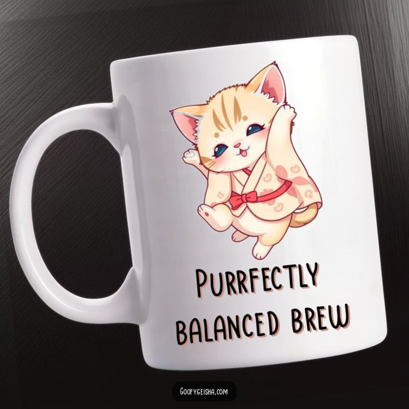 Funny kitten mug featuring a cute kitten in a tiny kimono doing a somersault, showcasing playful agility.