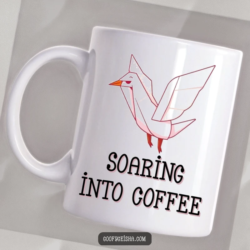 Funny mug featuring a cute origami crane character joyfully flapping its wings in mid-air, conveying peace and happiness.