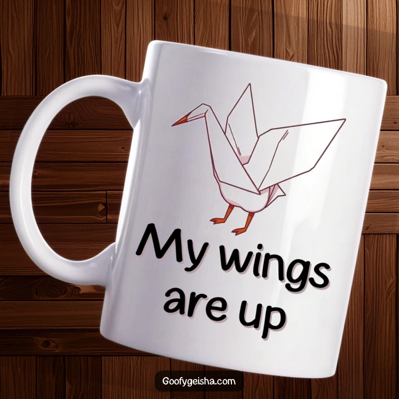 Funny mug featuring a whimsical origami crane character playfully flapping its delicate paper wings with cheerful energy.