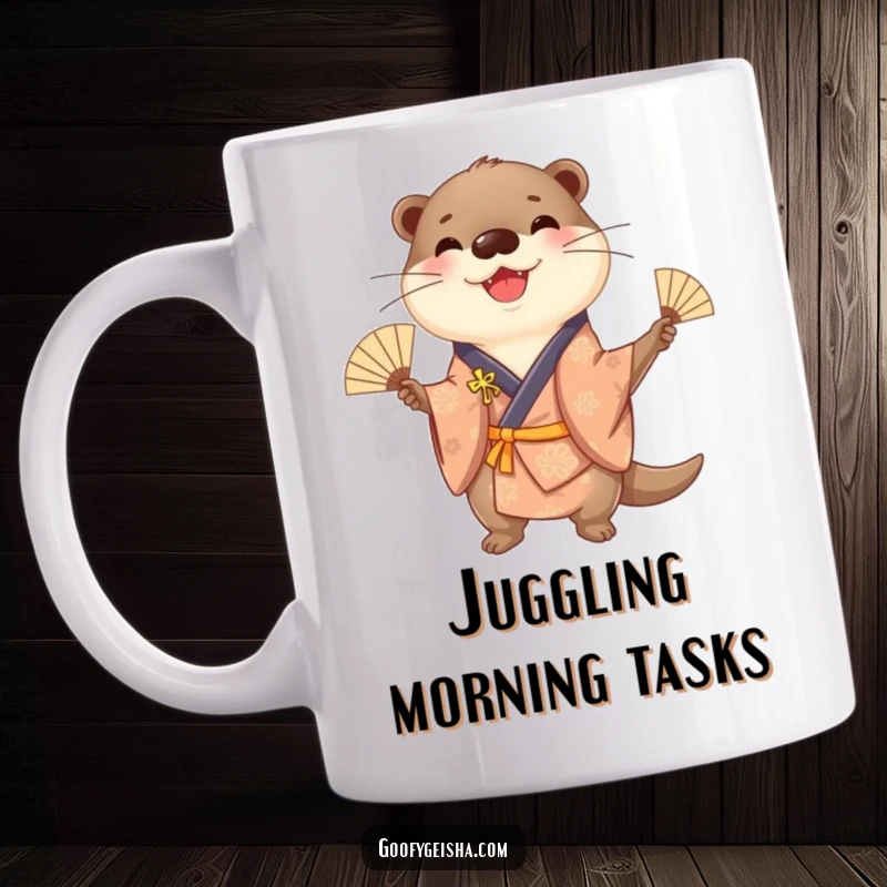 Funny cheerful otter in a kimono, energetically juggling small fans with a playful grin, perfect for a fun mug.