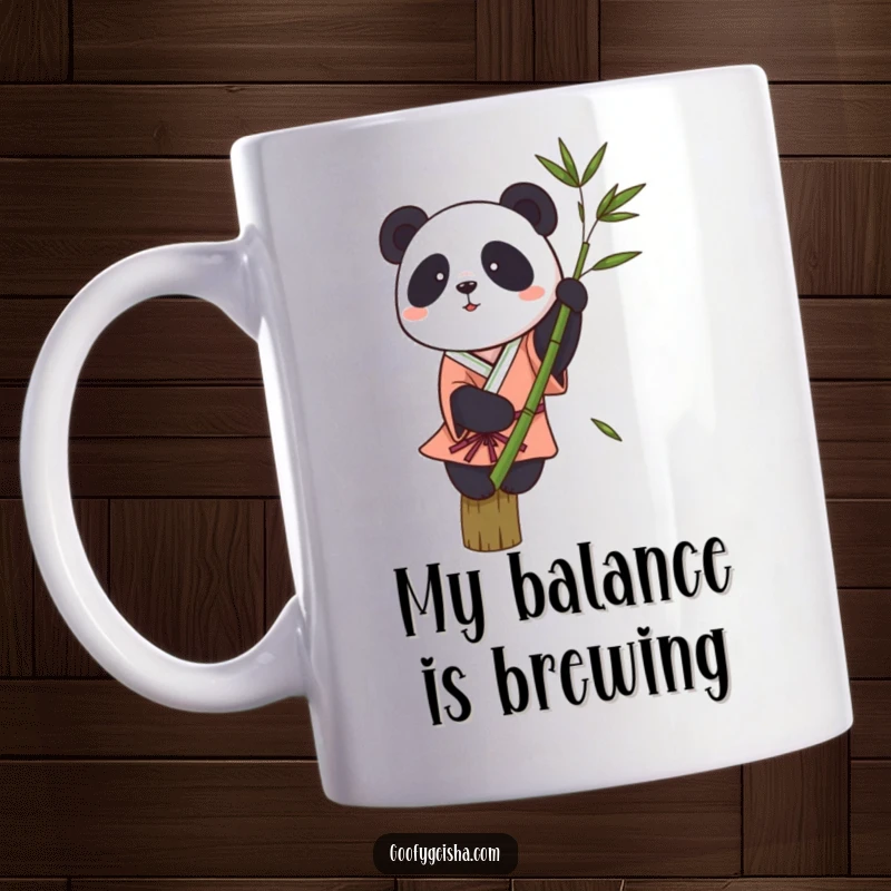 Funny mug with a small panda in a kimono precariously balancing on a thin bamboo stalk, looking determined yet unstable.
