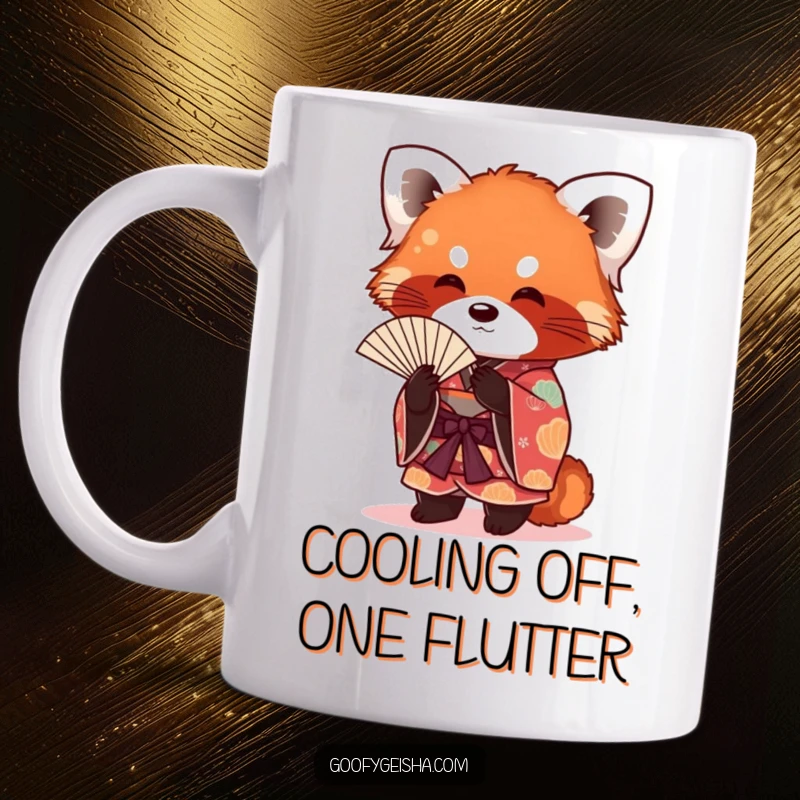 Funny red panda wearing a vibrant kimono, playfully fanning itself with a cheerful expression, perfect for a unique mug.