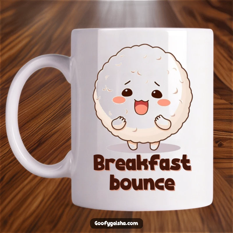 Funny mug showing a character with a hilariously silly expression, joyfully holding a large, bouncy rice ball.
