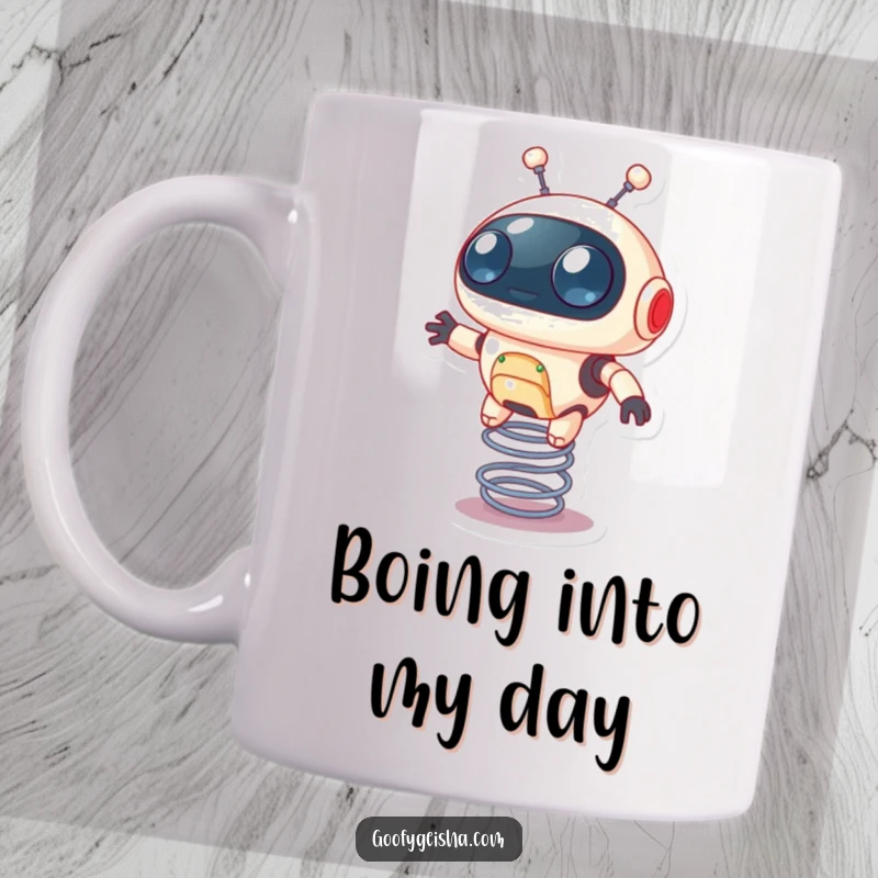 Funny mug showing a small, round robot with big eyes joyfully bouncing high on a coiled spring.