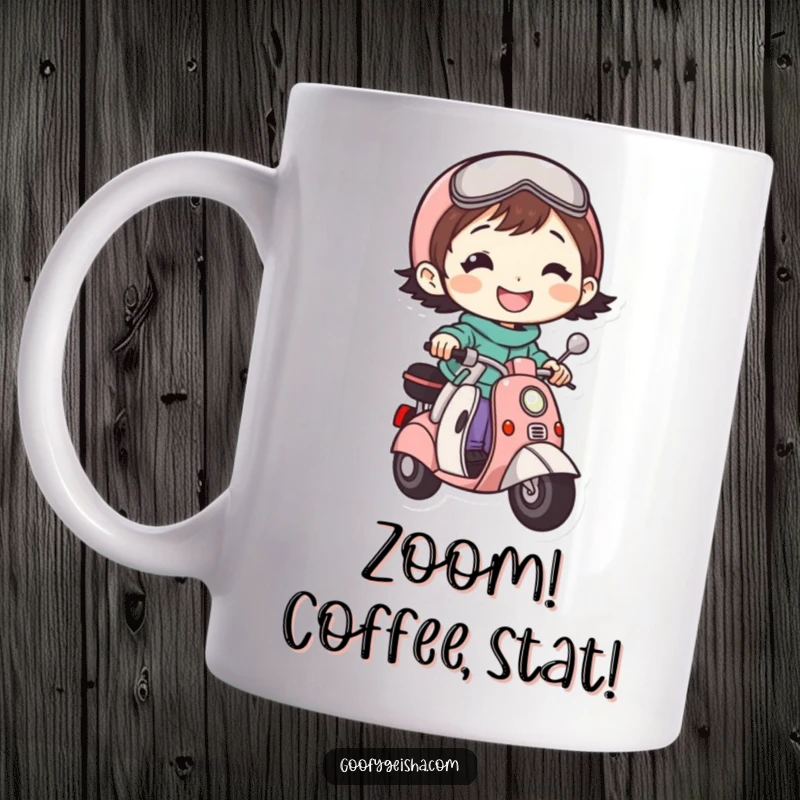 Funny mug featuring a tiny, grinning character joyfully riding a miniature scooter, conveying pure, unadulterated happiness and freedom.