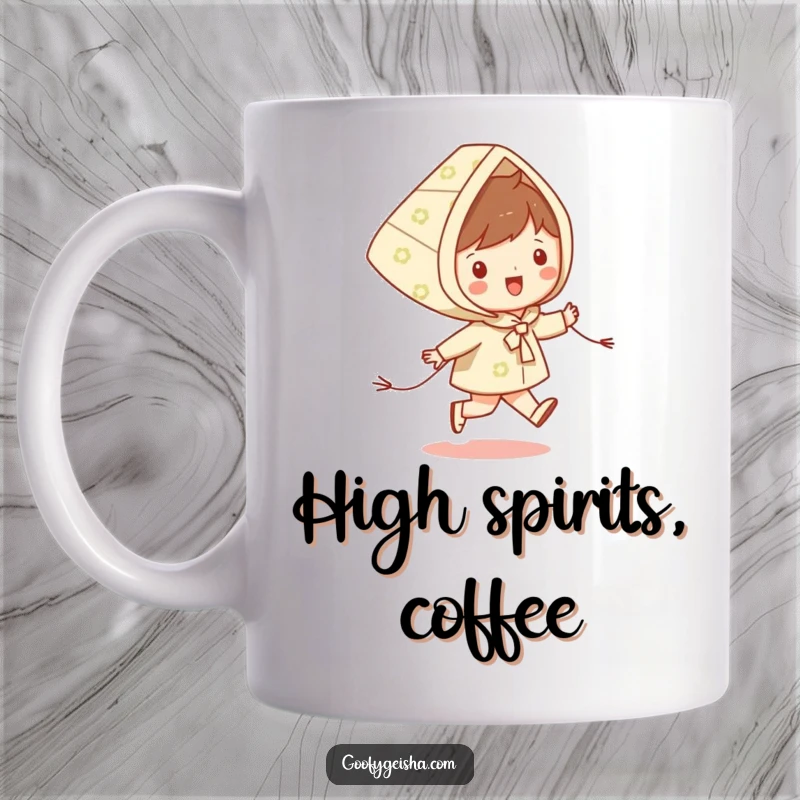 Funny mug featuring a tiny, happy character skipping joyfully while flying a colorful patterned kite, embodying pure delight.