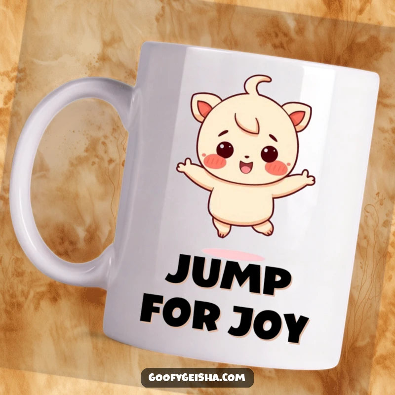 Funny mug featuring a small, rosy-cheeked character in a joyful mid-air jump, conveying pure happiness and fun.