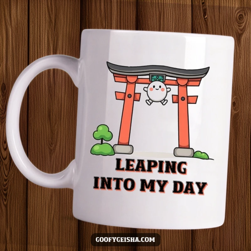 Funny mug depicting a small, rounded character playfully leaping over a stylized red torii gate with enthusiasm.