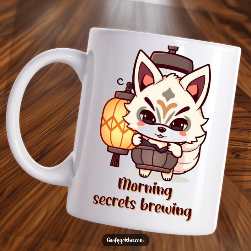 Funny cute Kitsune masked character playfully peeking from behind a lantern, conveying mischief and playful curiosity.