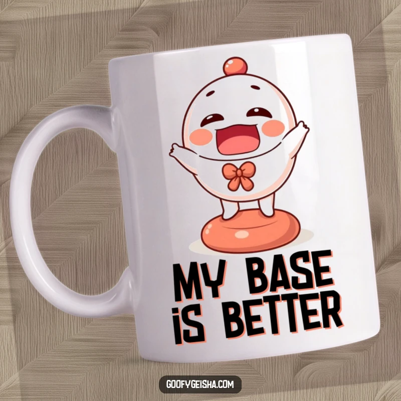 Funny Daruma doll mug featuring a tiny, round character joyfully bouncing on its base, radiating happiness and good luck vibes.