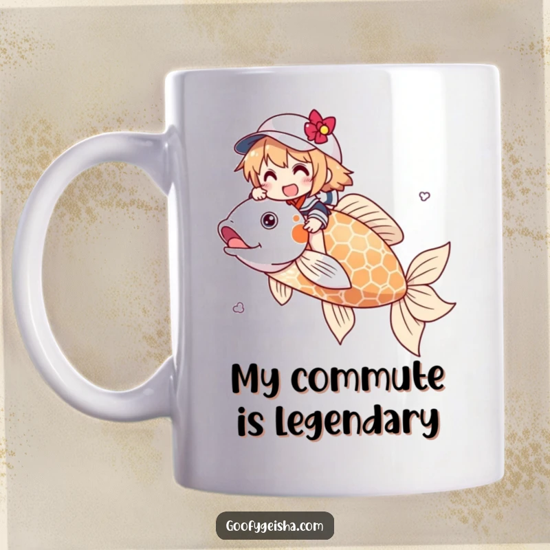 Funny mug showing a happy character gleefully riding a huge, majestic koi fish through water. Represents joy and whimsical adventure.