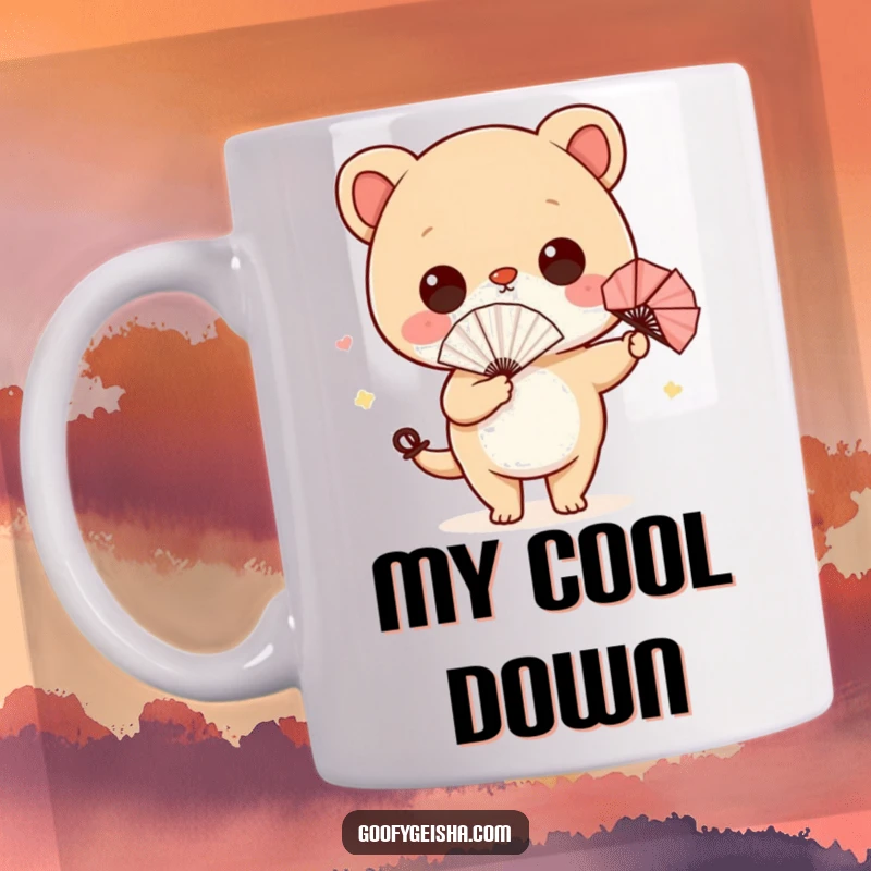 Funny mug featuring a cute character with a tiny paper fan, wiggling its hips with a playful and humorous expression.