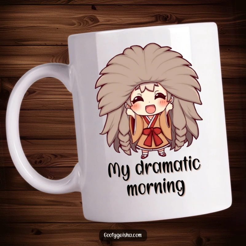 Funny mug featuring a character excitedly trying on a huge, elaborate Kabuki wig, showcasing theatrical humor and ambition.