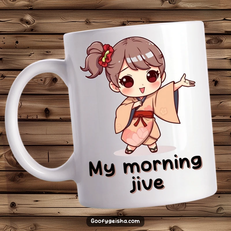 Funny mug showing a character in a whimsical kimono doing an exaggerated, goofy dance pose with great energy.