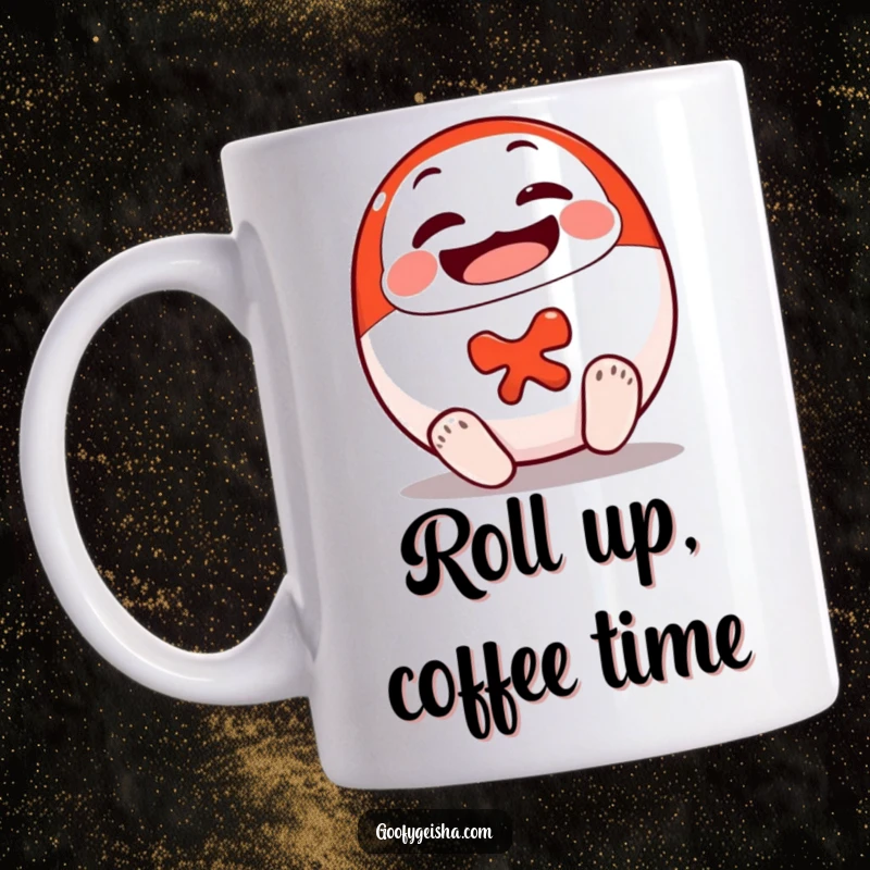Funny Daruma Doll Mug featuring a smiling doll character cheerfully rolling upright, symbolizing luck and perseverance.