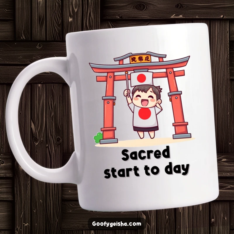 Funny mug featuring a whimsical Torii gate character joyfully waving a small Japanese flag with great excitement.