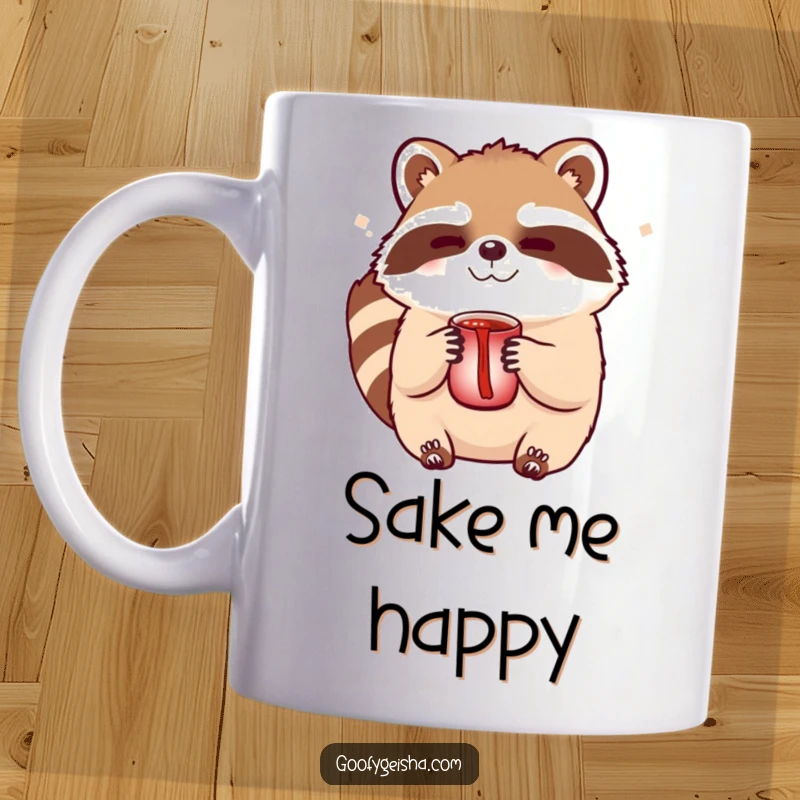 Funny Tanuki character mug featuring a mischievous wink and a sake cup, evoking playful celebrations and good times.