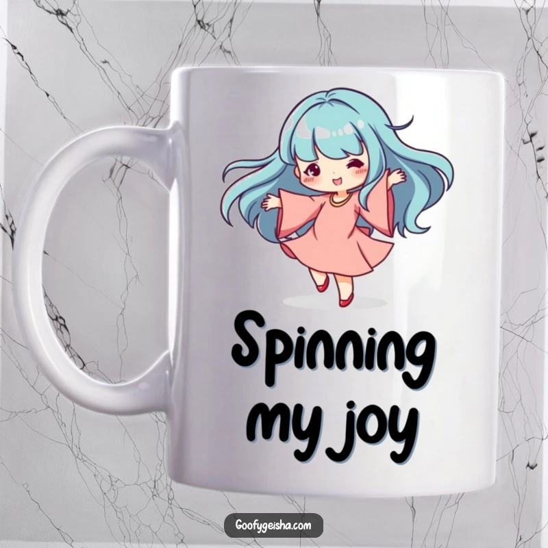 Funny Kawaii Mug: Dancing character spinning gracefully with flowing sleeves, capturing joy, movement, and making a great funny gift.