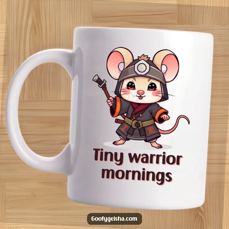 Funny Mug: A tiny mouse dressed as a samurai, striking a playful, heroic pose with a determined yet cute expression.