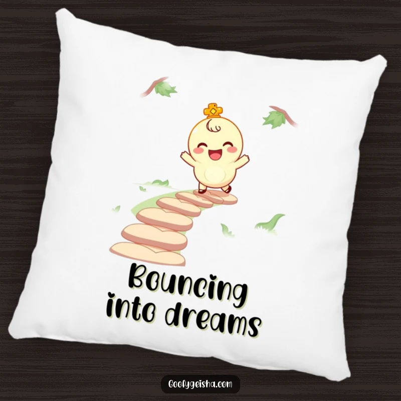 Funny pillow featuring a giggling lucky charm character bouncing along a path, offering comfort and a cheerful, playful accent for any room.