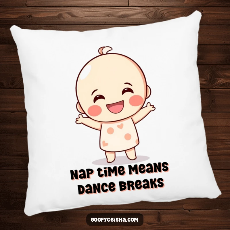 Funny Kokeshi doll pillow featuring a grinning character doing a silly dance, offering soft comfort and a humorous, joyful visual accent.